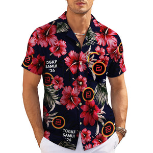 Navy Hawaiian shirt red hibiscus flowers custom logo mockup variant 3