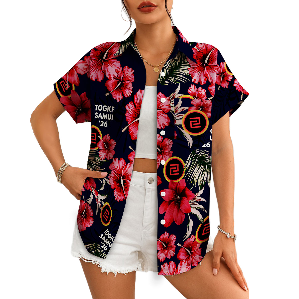 Navy Hawaiian shirt red hibiscus flowers custom logo mockup variant 4