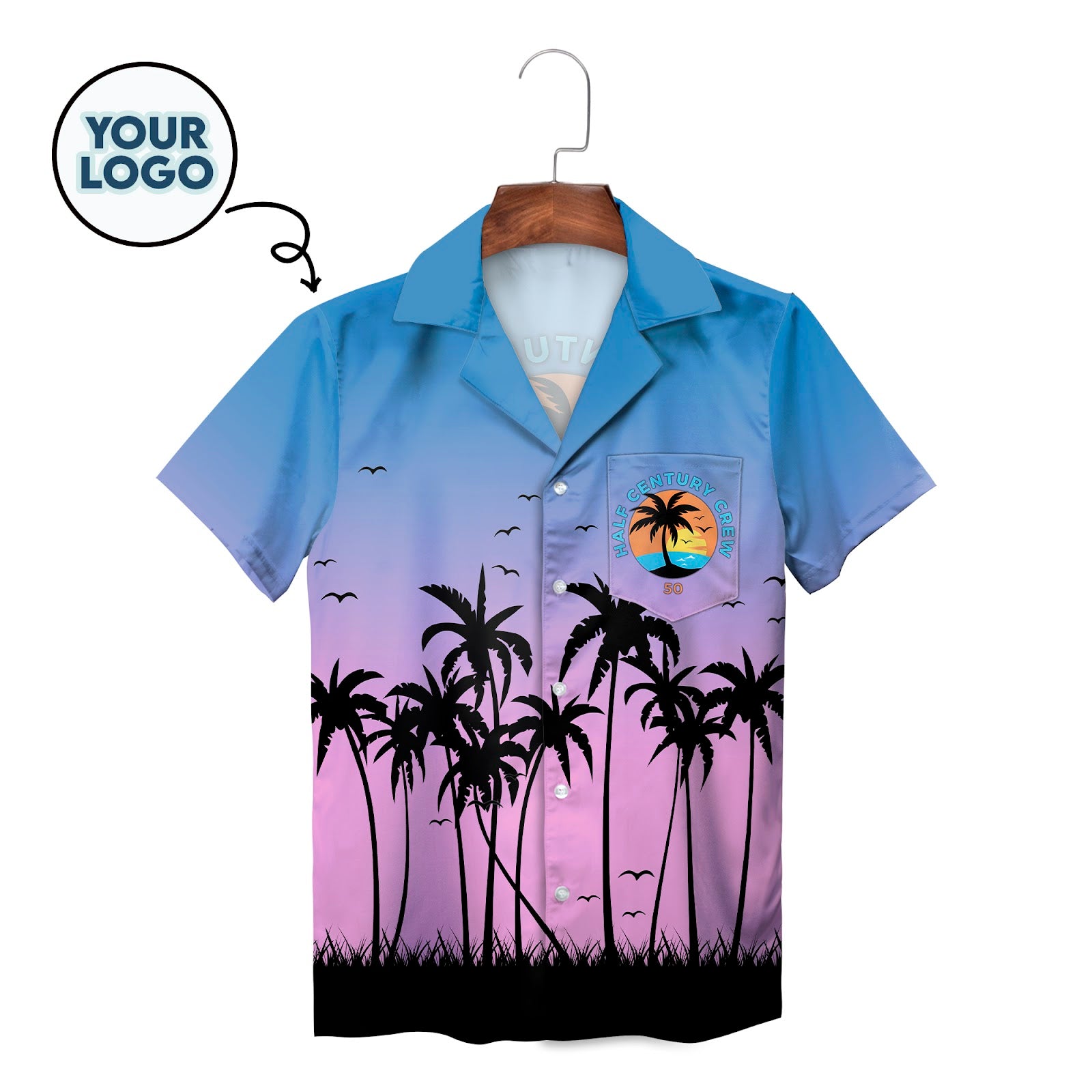 Blue purple gradient palm tree silhouette Hawaiian shirt on hanger