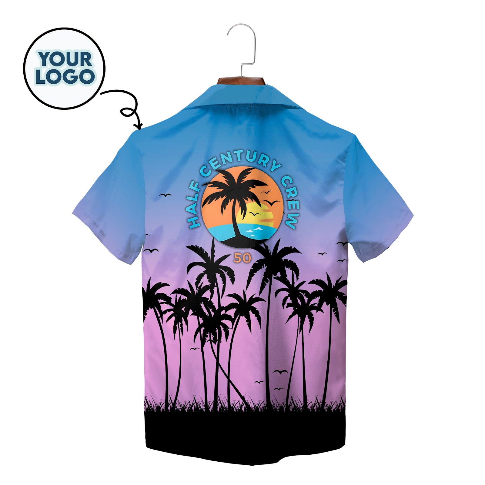 Blue purple gradient palm tree silhouette Hawaiian shirt on hanger variant 2