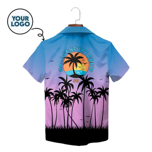 Blue purple gradient palm tree silhouette Hawaiian shirt on hanger variant 2
