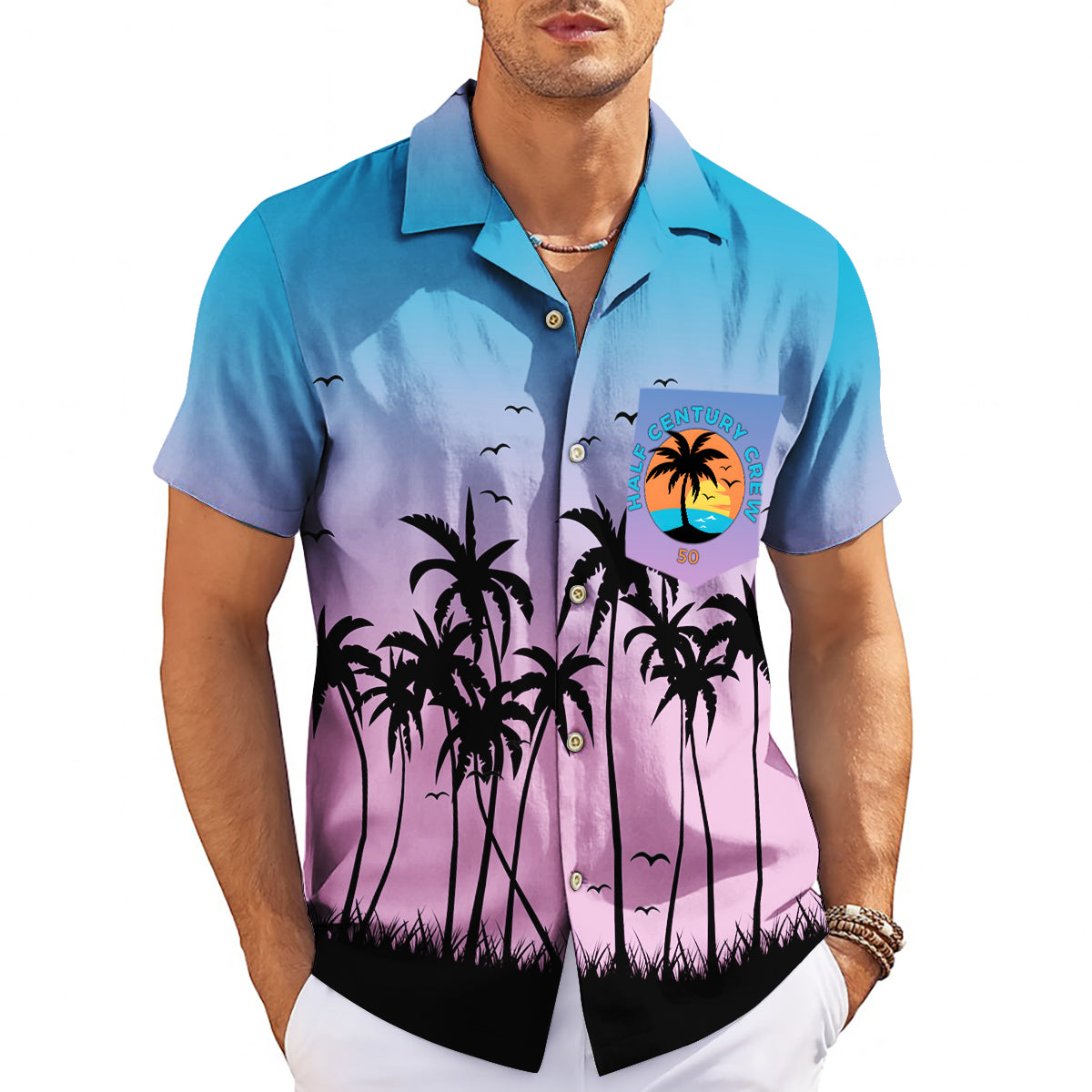 Blue purple gradient palm tree silhouette Hawaiian shirt on hanger variant 3
