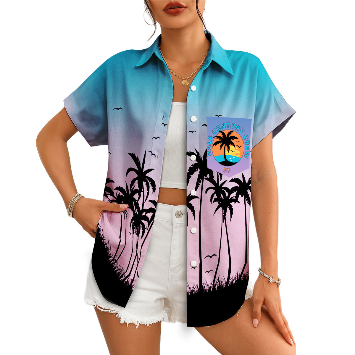 Blue purple gradient palm tree silhouette Hawaiian shirt on hanger variant 4