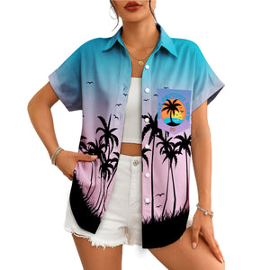Blue purple gradient palm tree silhouette Hawaiian shirt on hanger variant 4