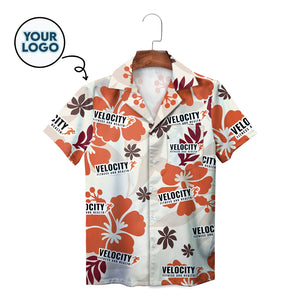 Cream Hawaiian shirt with orange hibiscus and custom logo print