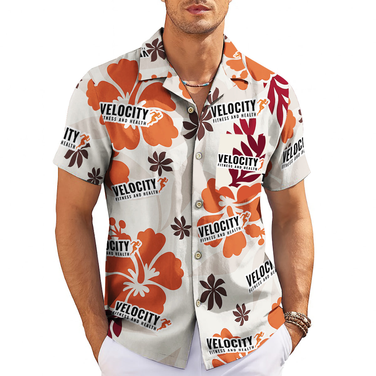 Cream Hawaiian shirt with orange hibiscus and custom logo print variant 3
