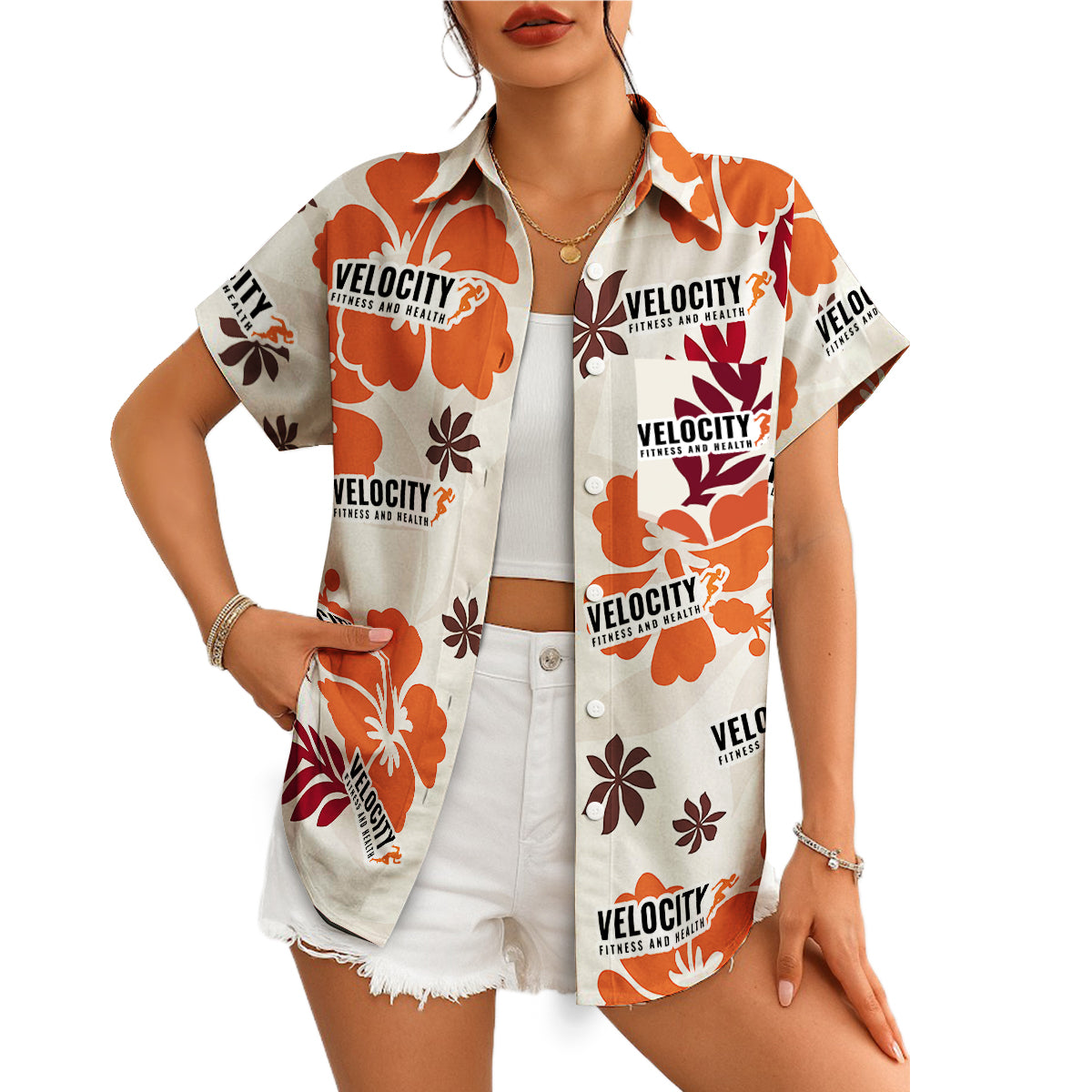Cream Hawaiian shirt with orange hibiscus and custom logo print variant 4