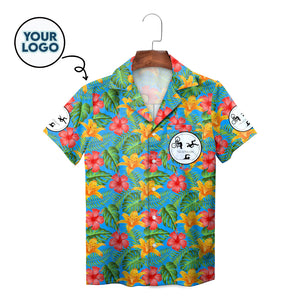 Blue tropical hibiscus floral Hawaiian shirt with custom logo