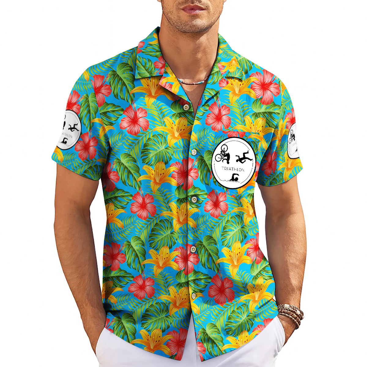 Blue tropical hibiscus floral Hawaiian shirt with custom logo variant 3