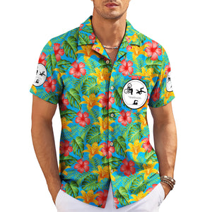 Blue tropical hibiscus floral Hawaiian shirt with custom logo variant 3