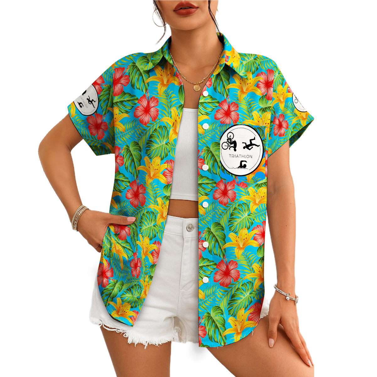 Blue tropical hibiscus floral Hawaiian shirt with custom logo variant 4