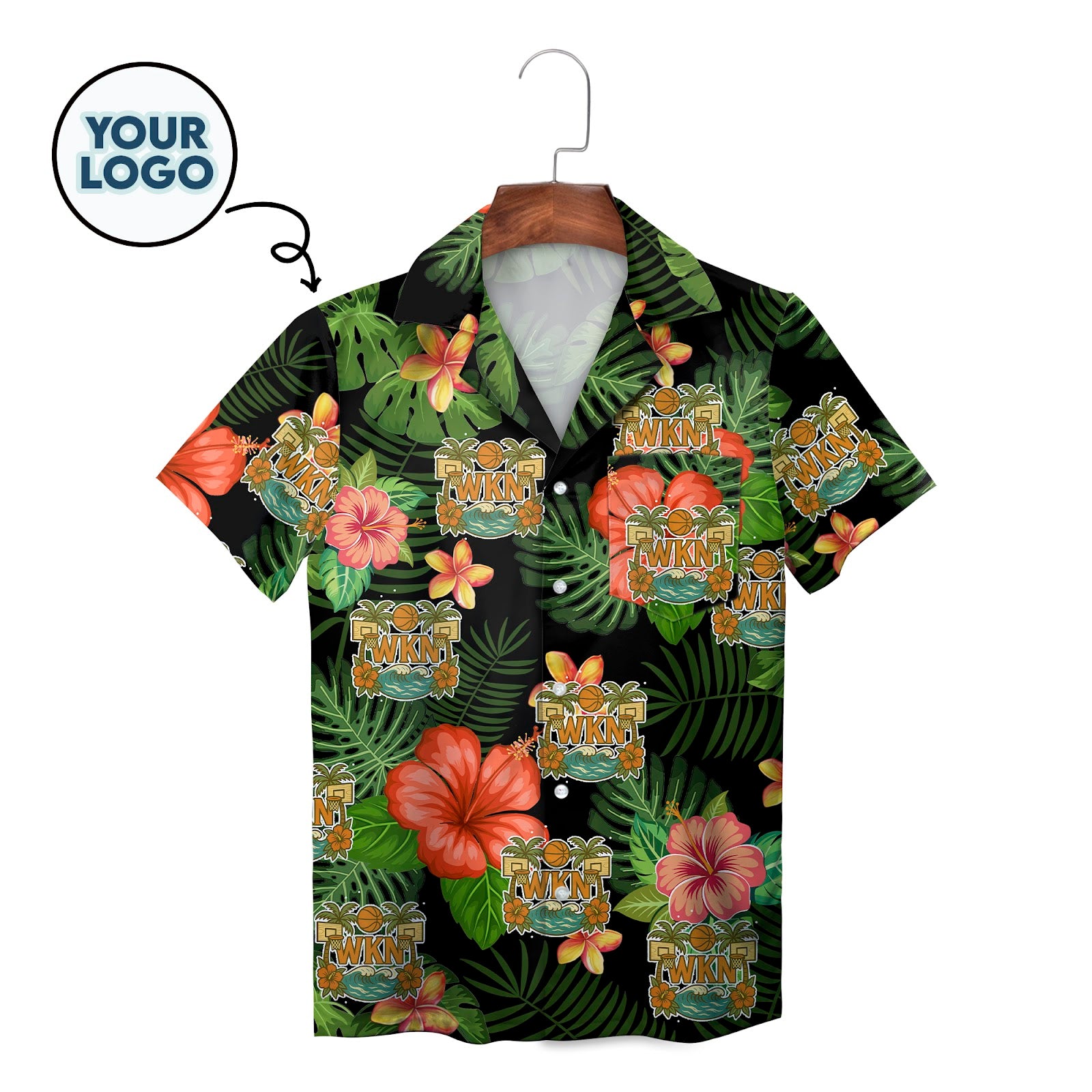 Black tropical hibiscus monstera custom logo aloha shirt