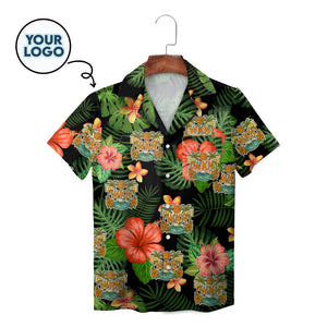 Black tropical hibiscus monstera custom logo aloha shirt