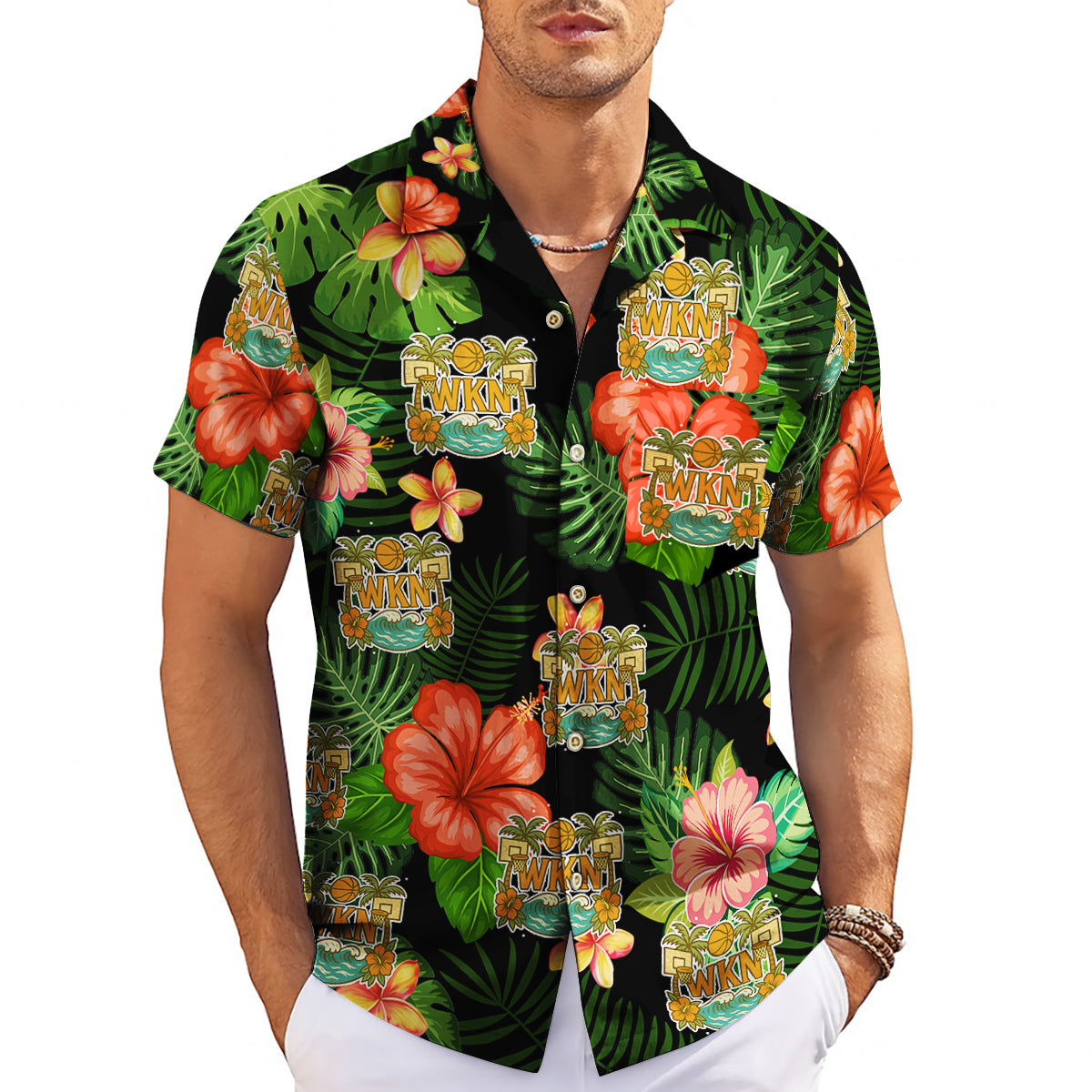 Black tropical hibiscus monstera custom logo aloha shirt variant 3