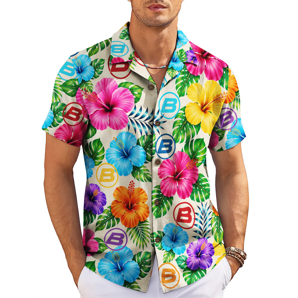 Cream shirt printed bright blossoms plus round emblems variant 3