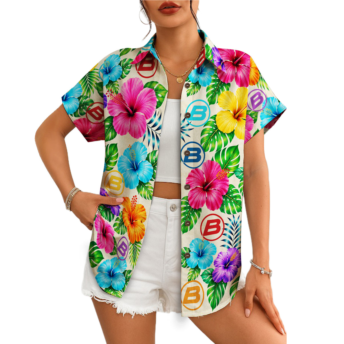 Cream shirt printed bright blossoms plus round emblems variant 4
