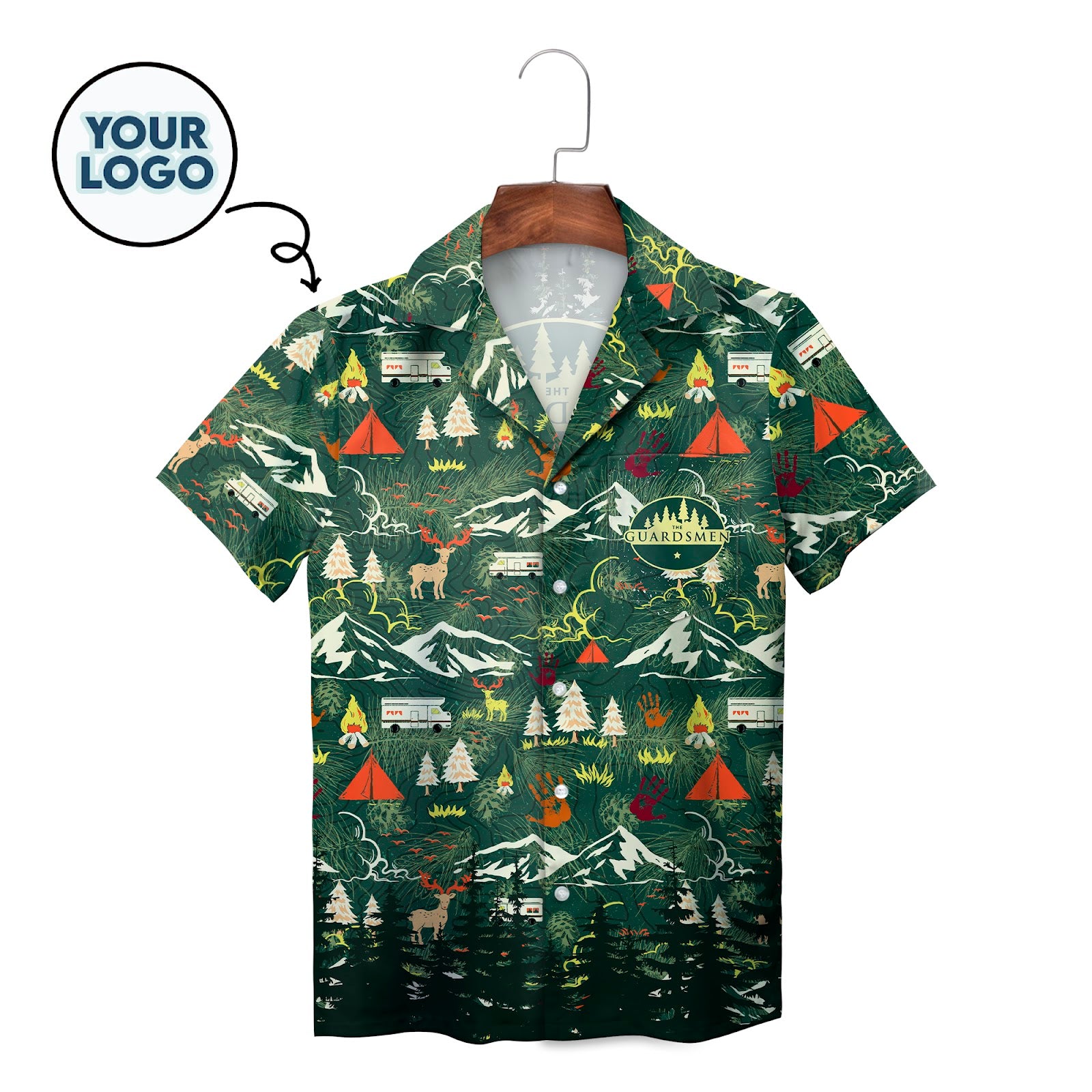 Green campfire mountain deer tent print Hawaiian shirt