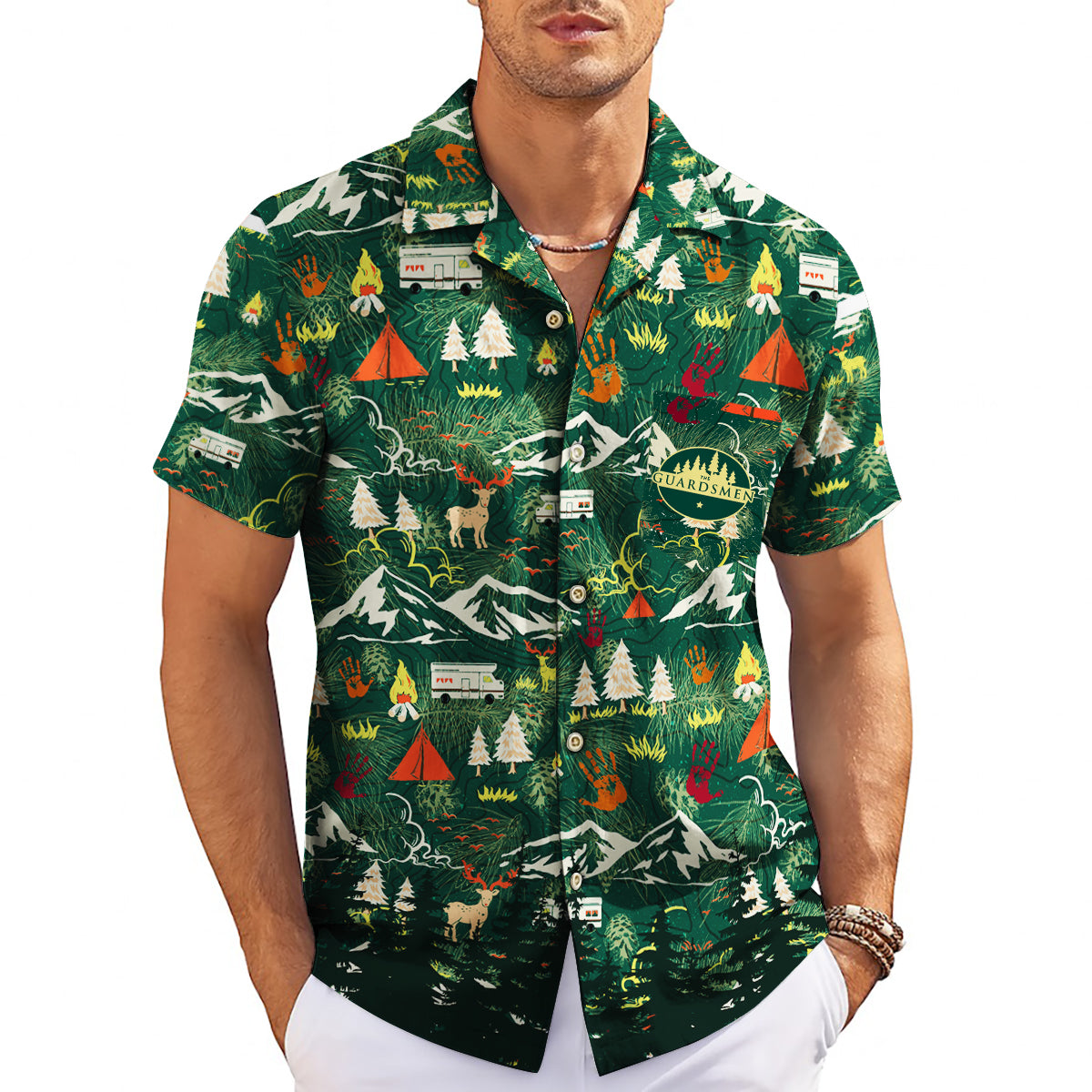 Green campfire mountain deer tent print Hawaiian shirt variant 3