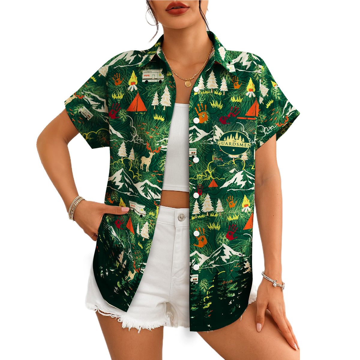 Green campfire mountain deer tent print Hawaiian shirt variant 4