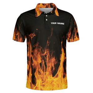 Black polo shirt with orange fire flames rising design