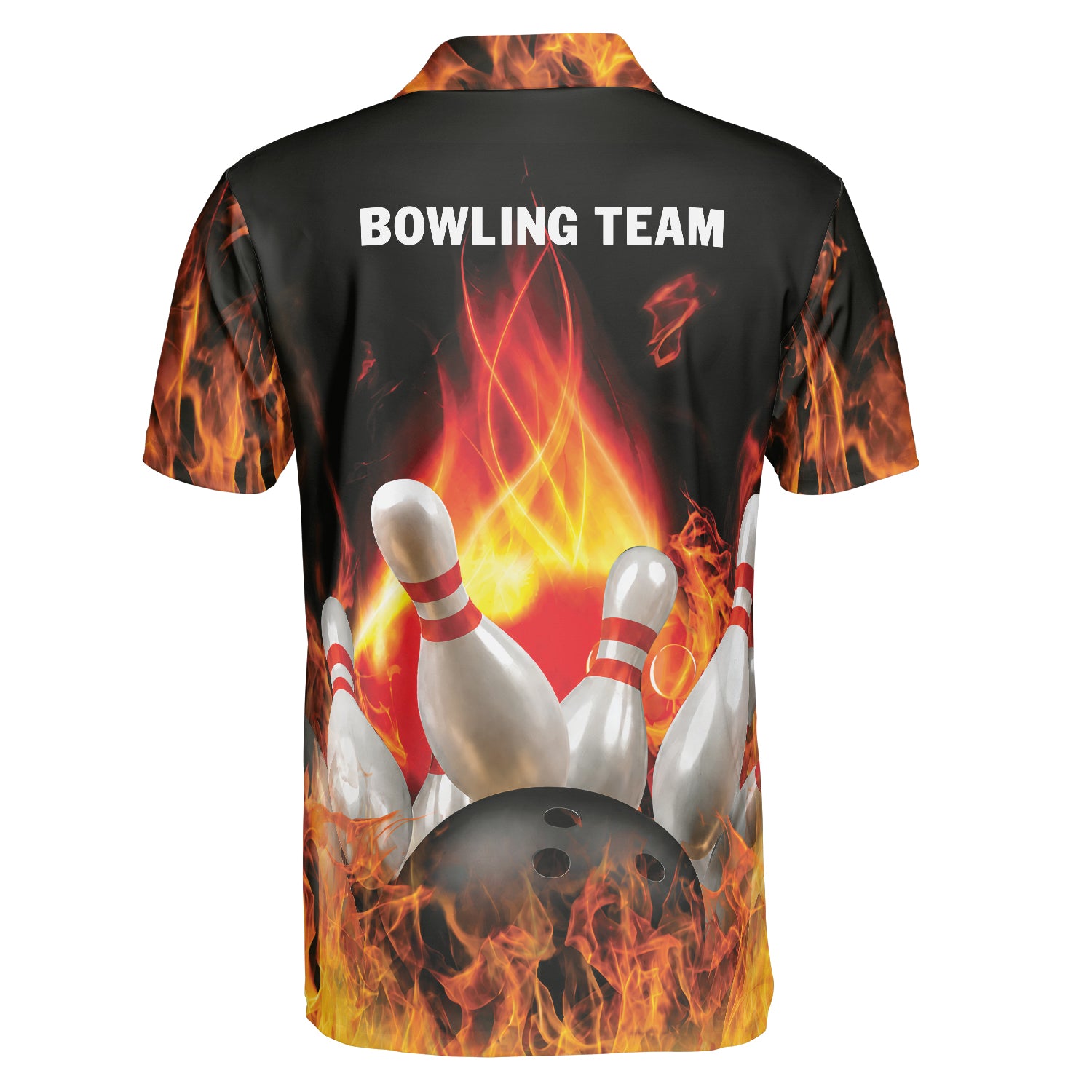 Black polo shirt with orange fire flames rising design variant 2