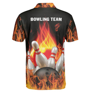 Black polo shirt with orange fire flames rising design variant 2