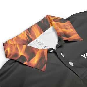 Black polo shirt with orange fire flames rising design variant 3