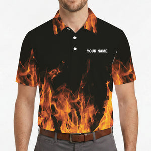 Black polo shirt with orange fire flames rising design variant 4