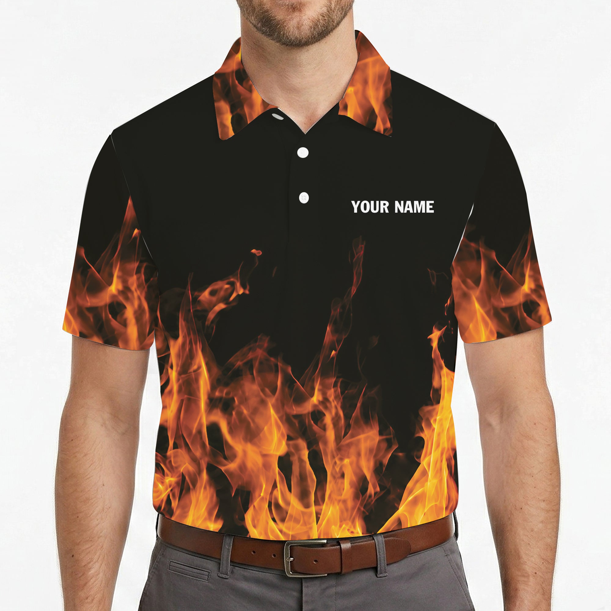 Black polo shirt with orange fire flames rising design variant 5