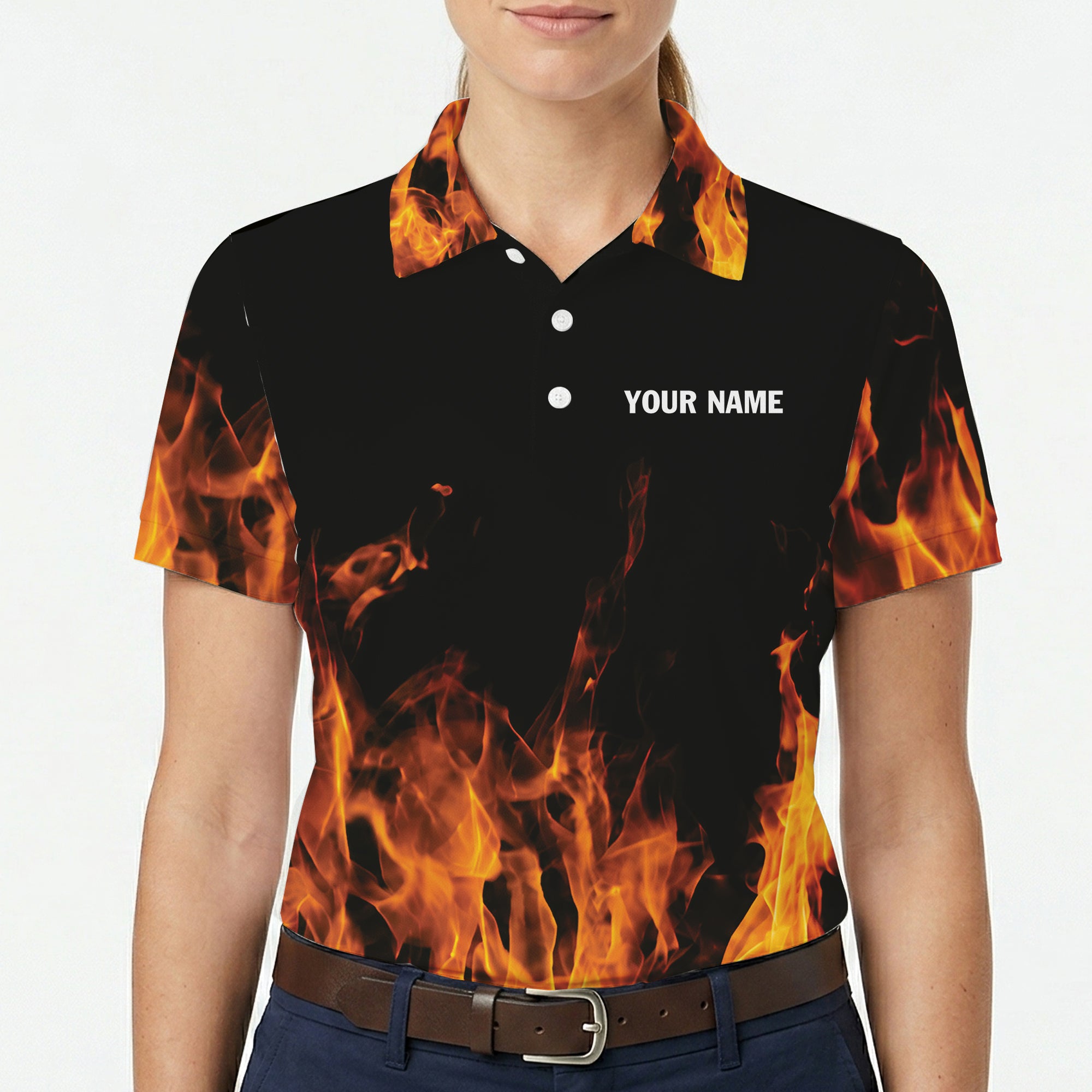 Black polo shirt with orange fire flames rising design variant 6