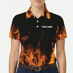 Black polo shirt with orange fire flames rising design variant 6