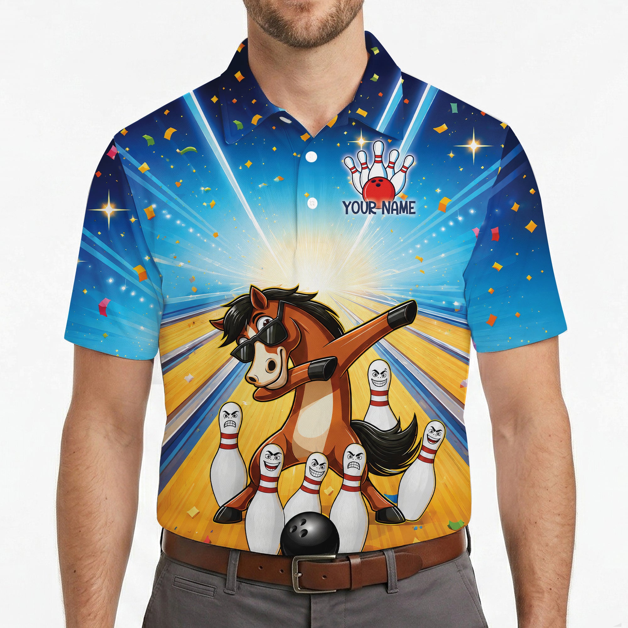 Dabbing horse cartoon knocking angry bowling pins polo variant 4