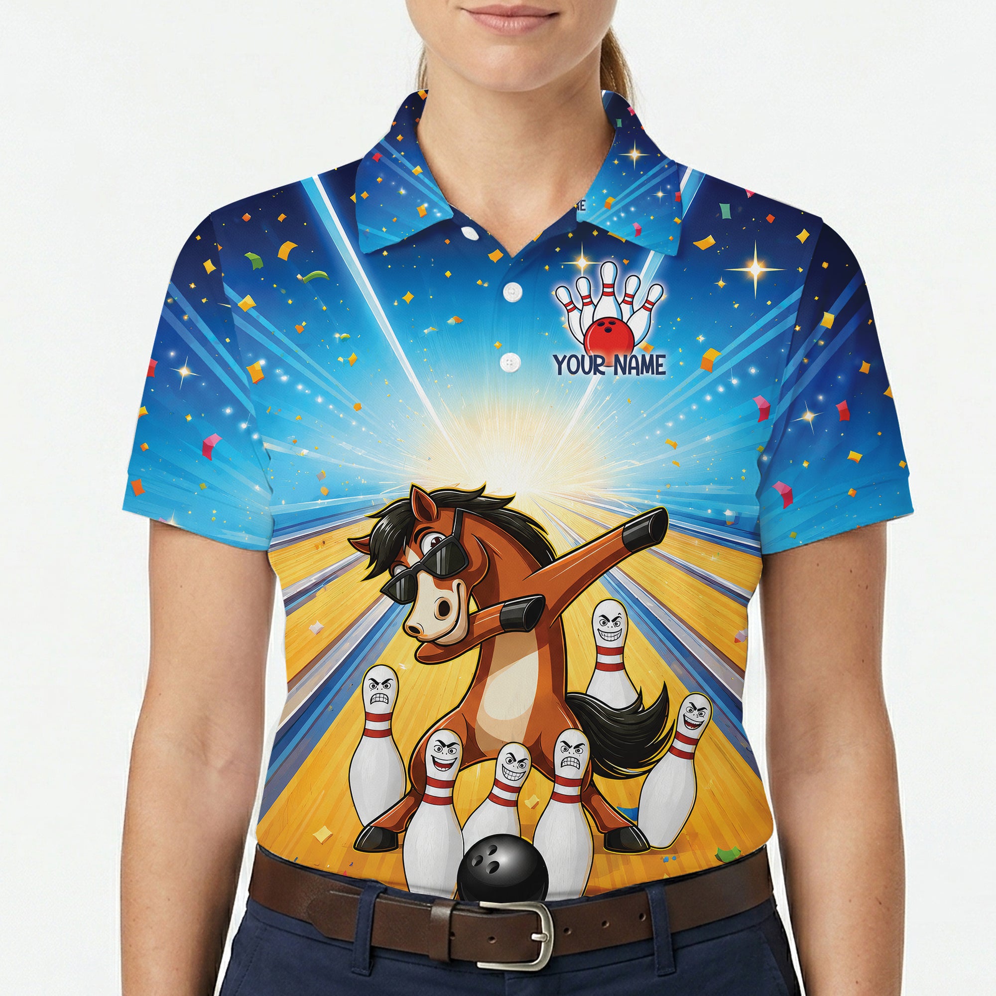 Dabbing horse cartoon knocking angry bowling pins polo variant 5