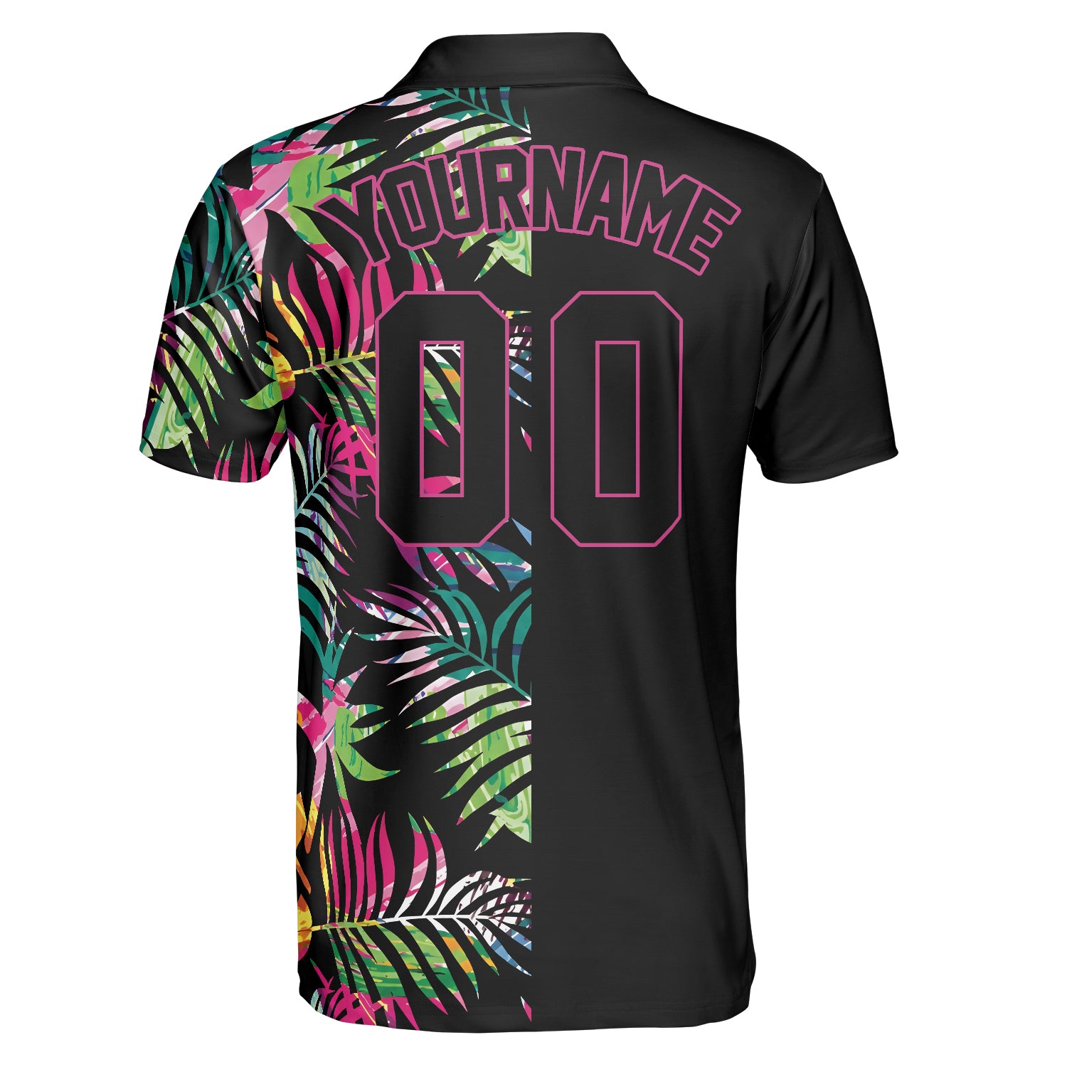Black polo shirt printed with bright tropical fronds variant 2