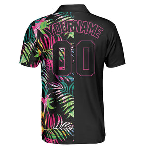 Black polo shirt printed with bright tropical fronds variant 2