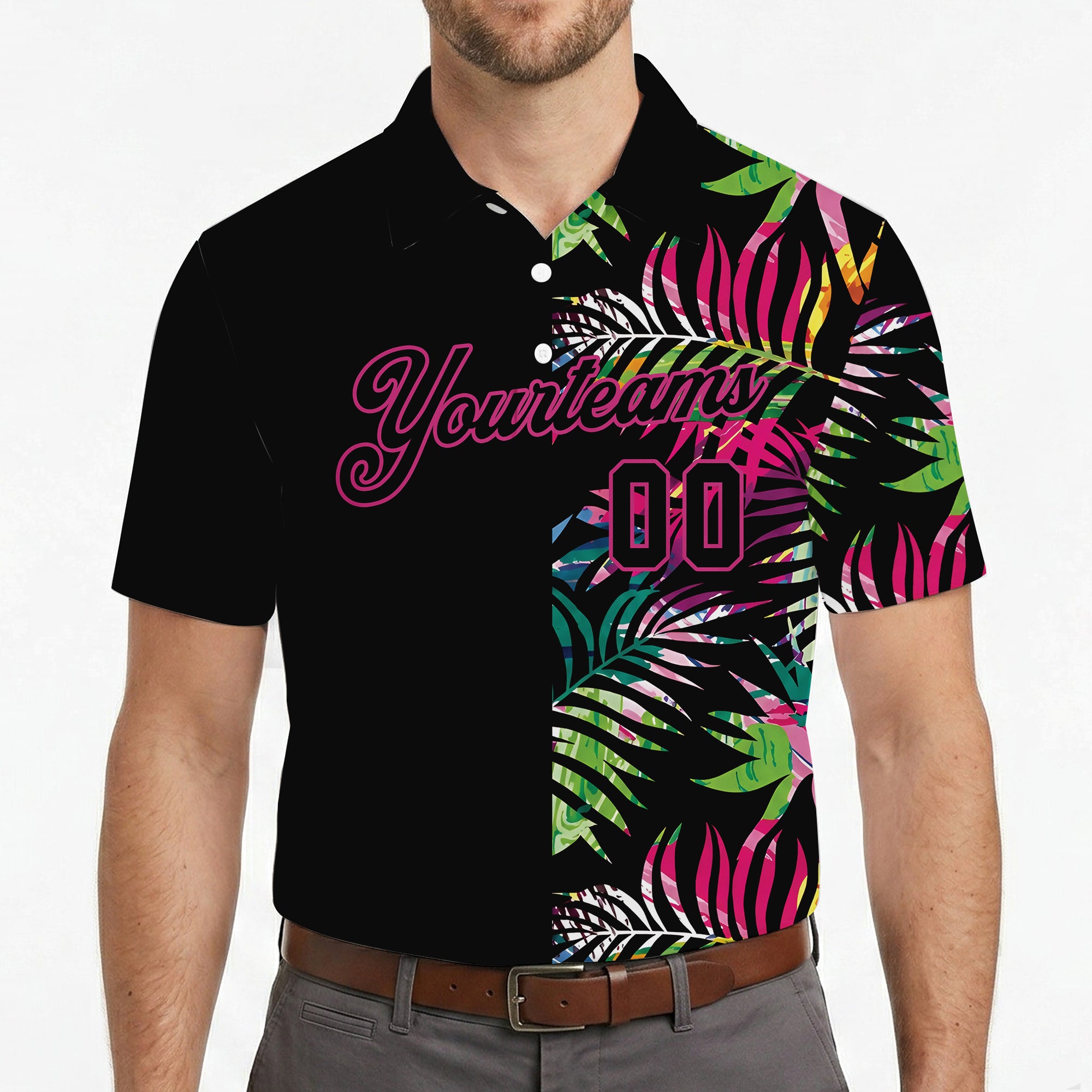 Black polo shirt printed with bright tropical fronds variant 4