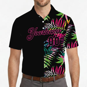 Black polo shirt printed with bright tropical fronds variant 4