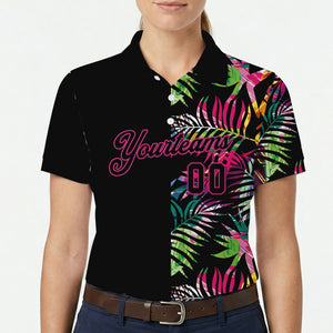 Black polo shirt printed with bright tropical fronds variant 5