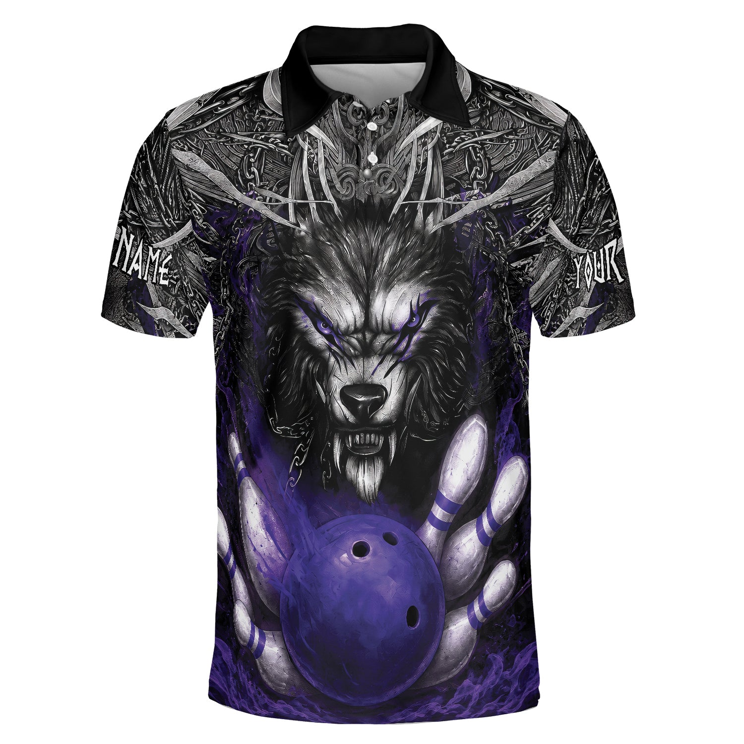 Fierce silver wolf polo shirt with violet bowling ball and pins