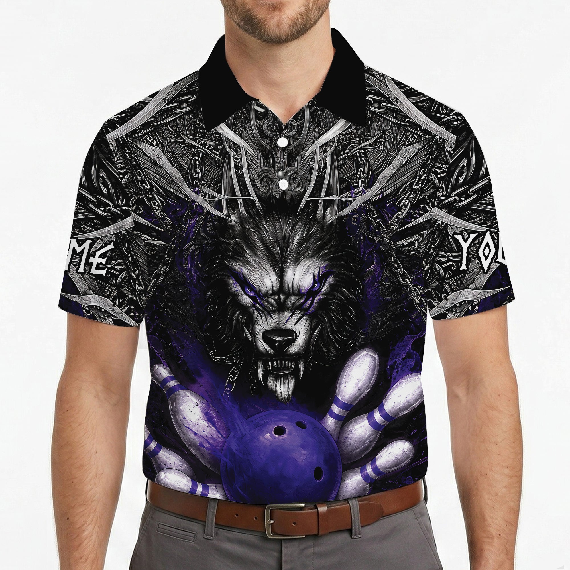 Fierce silver wolf polo shirt with violet bowling ball and pins variant 4