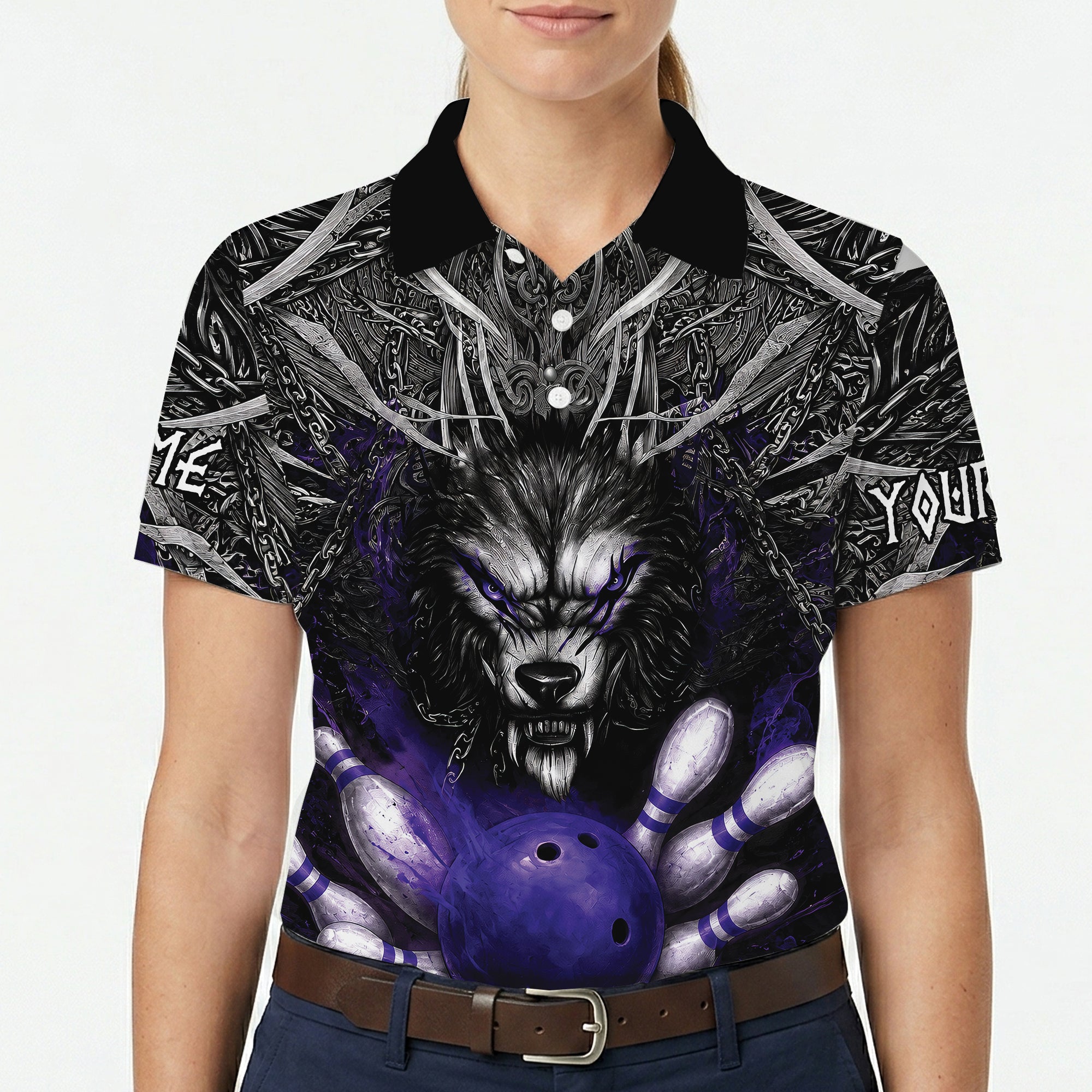 Fierce silver wolf polo shirt with violet bowling ball and pins variant 5