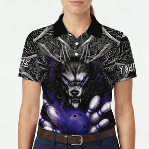 Fierce silver wolf polo shirt with violet bowling ball and pins variant 5