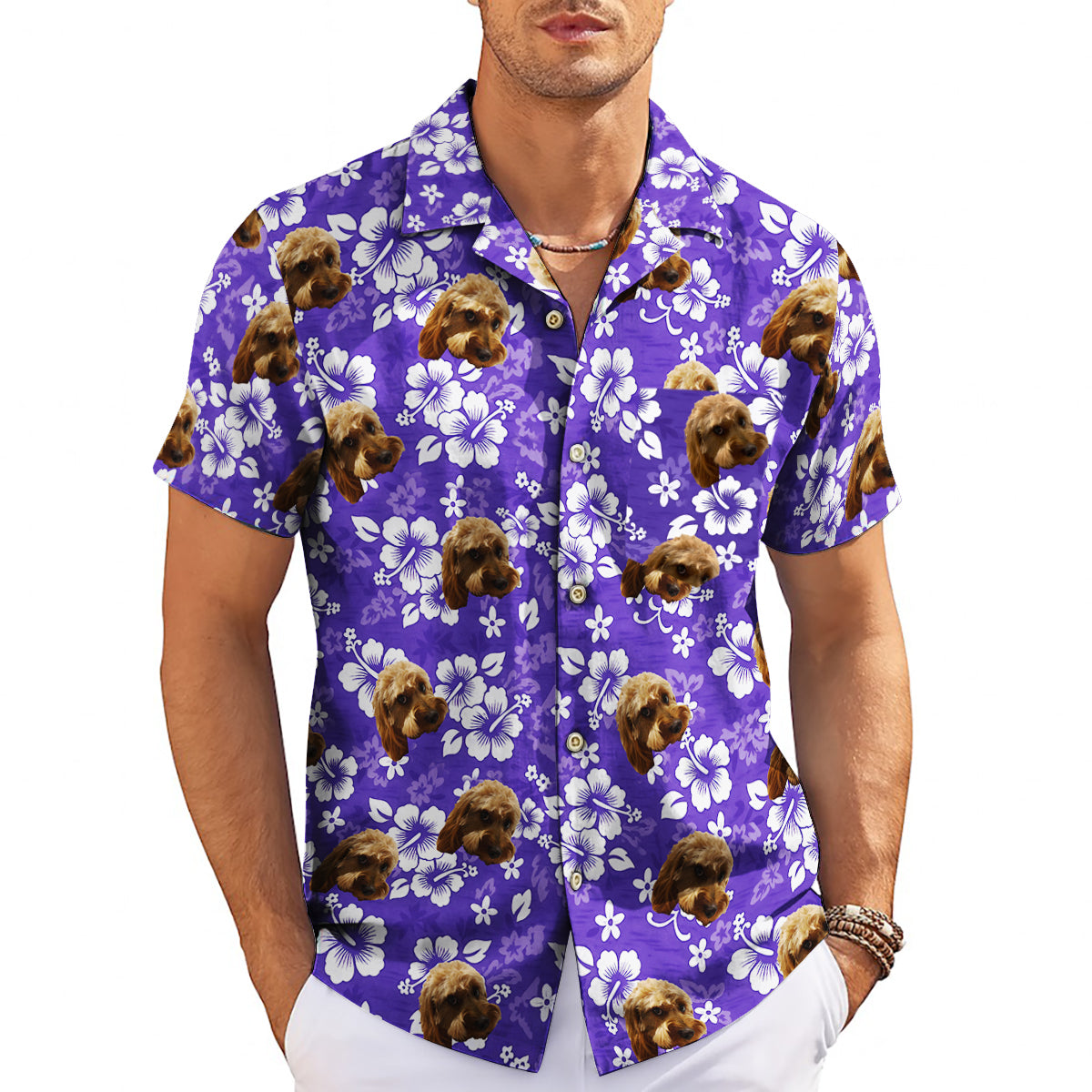 Purple floral Hawaiian shirt with custom dog face print variant 3