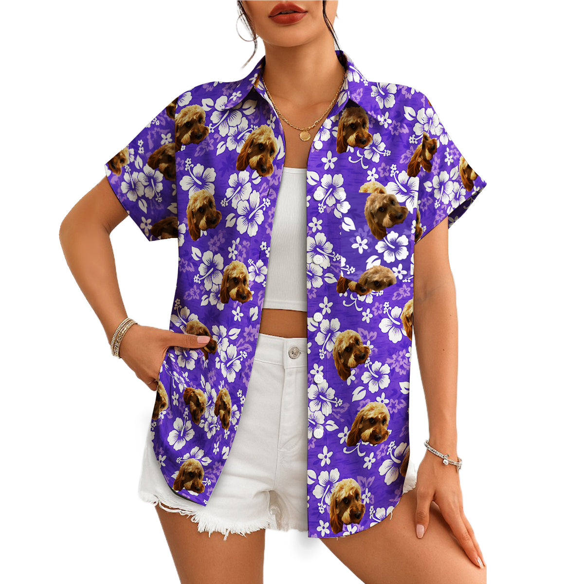 Purple floral Hawaiian shirt with custom dog face print variant 4