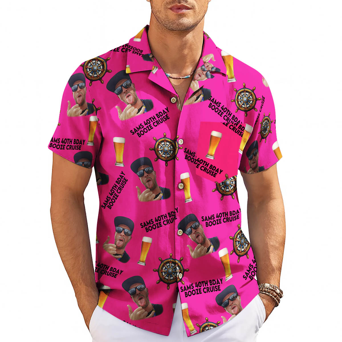Hot pink Hawaiian shirt with custom face beer ship wheel print variant 3