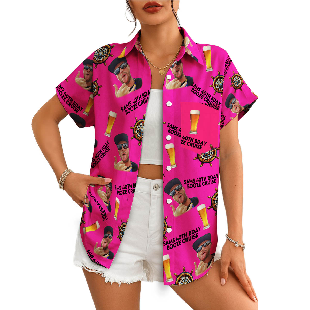 Hot pink Hawaiian shirt with custom face beer ship wheel print variant 4