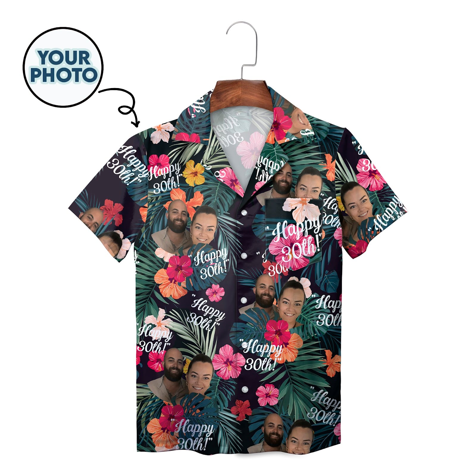 Navy tropical hibiscus Hawaiian shirt custom photo Happy 30th