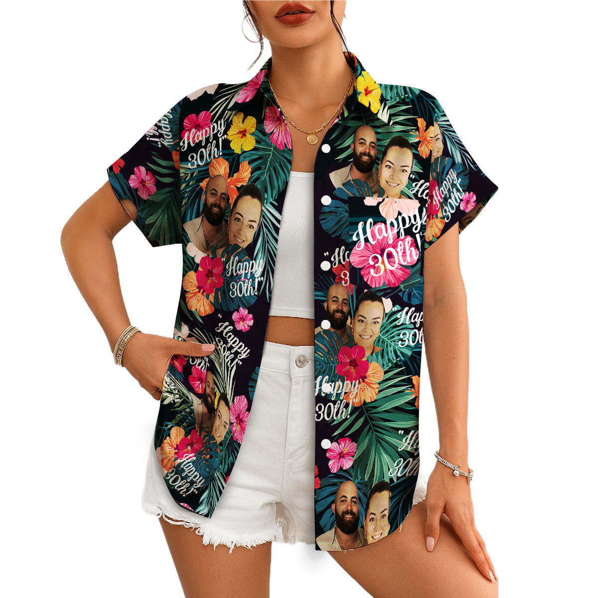 Navy tropical hibiscus Hawaiian shirt custom photo Happy 30th variant 4