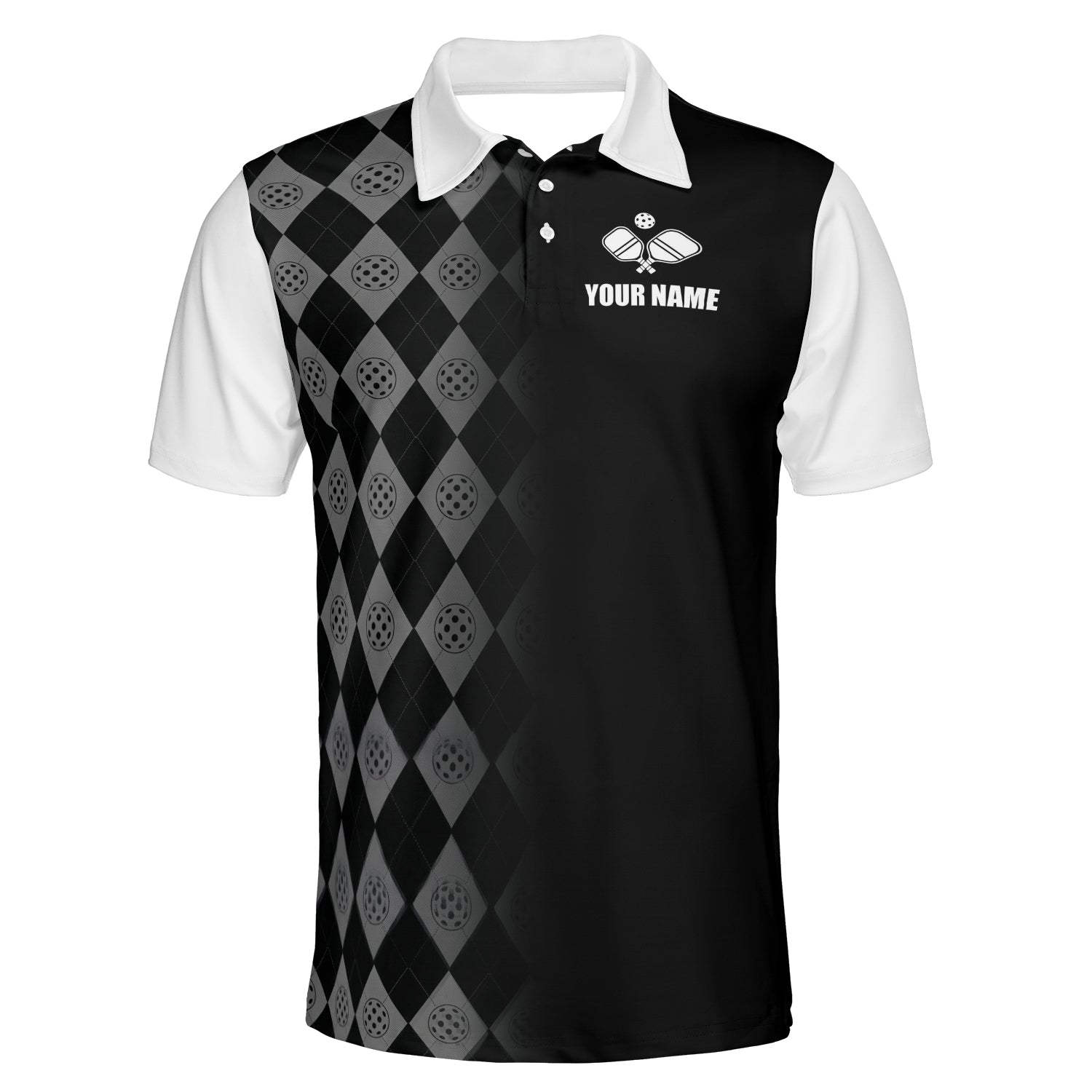 Black gray argyle pickleball polo white sleeves custom name
