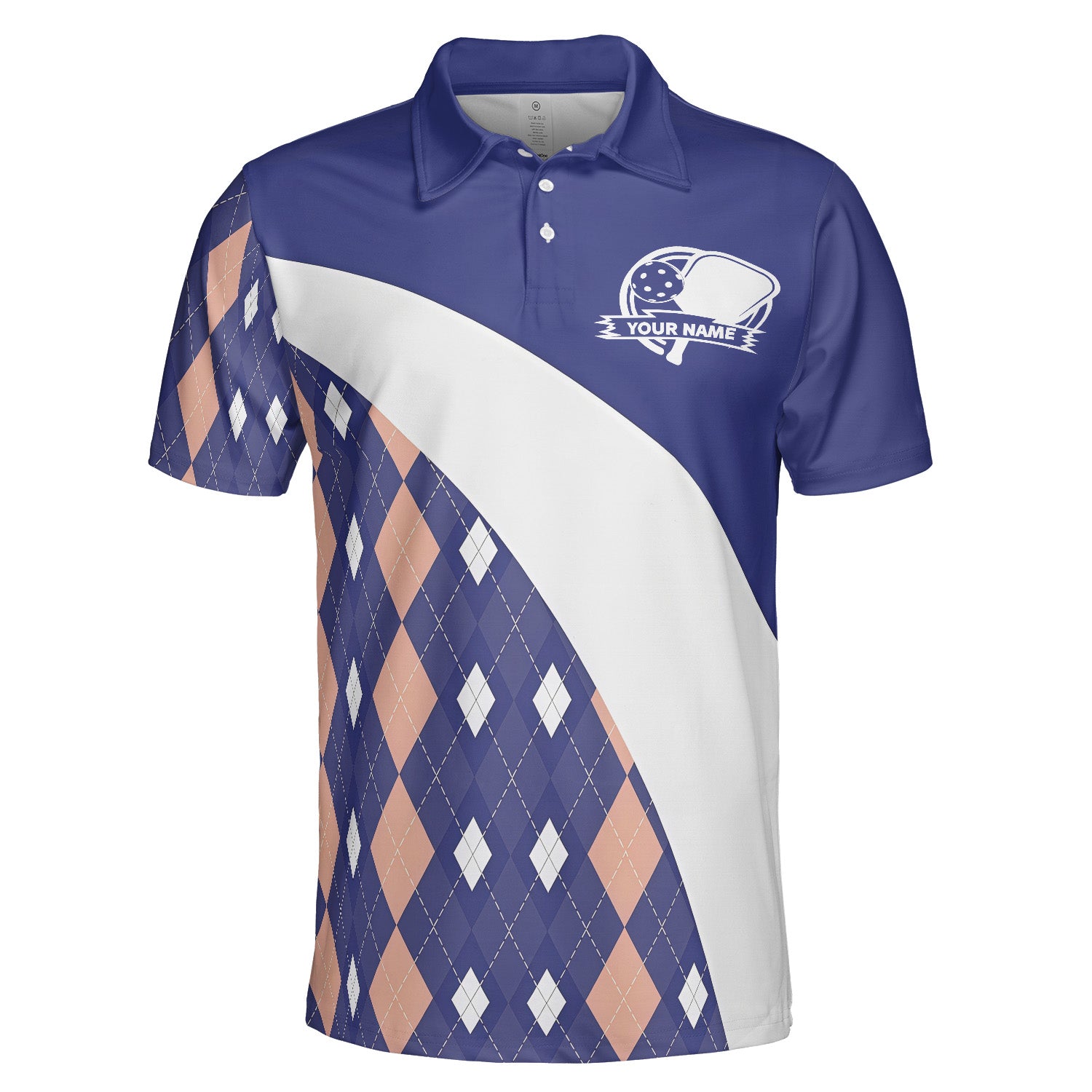 Periwinkle peach argyle pickleball polo shirt mockup